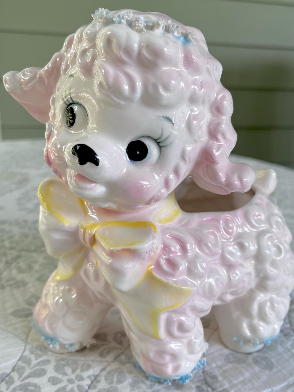 1961 Vintage Samson Import Co. 431A Pink Ceramic Lamb Planter with Yellow Bow